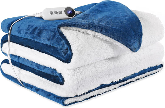 Electric Heated Blanket Throw 50"x60" - Soft Cozy Flannel & Sherpa Fabric Dual-Sided, 9 Heat Settings & 2-10 Hours Auto Off, Warming Heated Throw for Home Office, Machine Washable, Blue
