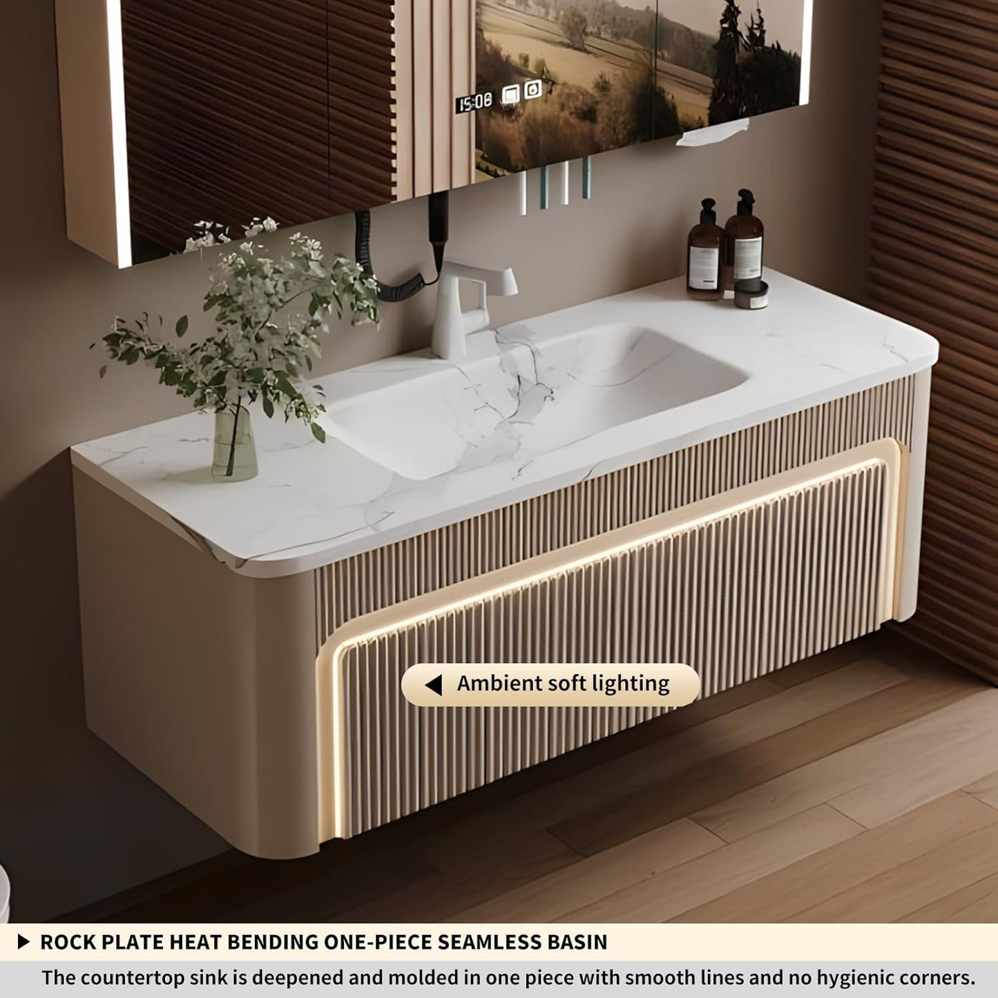 36” Bathroom Vanity Set, Floating Bathroom Vanities with Single Sink, Smart Defog Mirror Cabinet and LED Strip Light, Oak Wood Elegant Bathroom Cabinet with Storage Space (Milk Coffee)