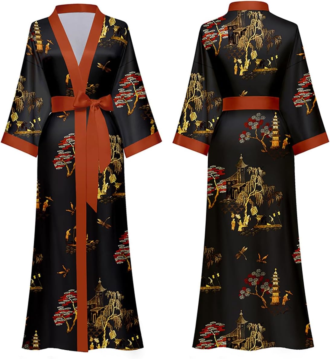 Silk Satin Robe for Women Long Japanese Kimono Robe Lightweight Soft Bathrobe Floral Luxury Dressing Gown