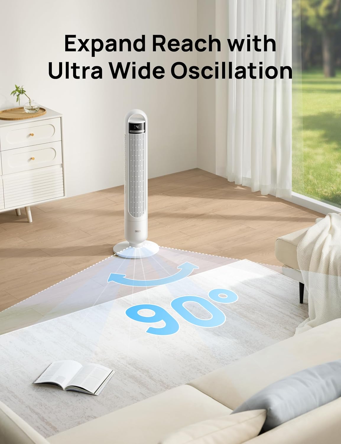 Dreo Tower Fan for Bedroom, 4 Speeds, 3 Modes Standing Fans for Room with 90° wide Oscillating, 28dB Quiet for Sleep, 25ft/s Velocity, 29ft Coverage, 8H Timer, Remote, Living Room, Office, Home, White