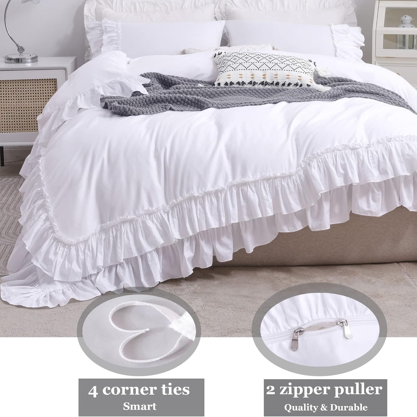 QSH Ruffle White Duvet Cover California King Size- Washed Cotton Shabby Farmhouse Chic Ruffled Bedding 3pcs(1 Soft Cotton Duvet Cover +2 Ruffle Pillowshams) Aesthetic French Country Calking Bed