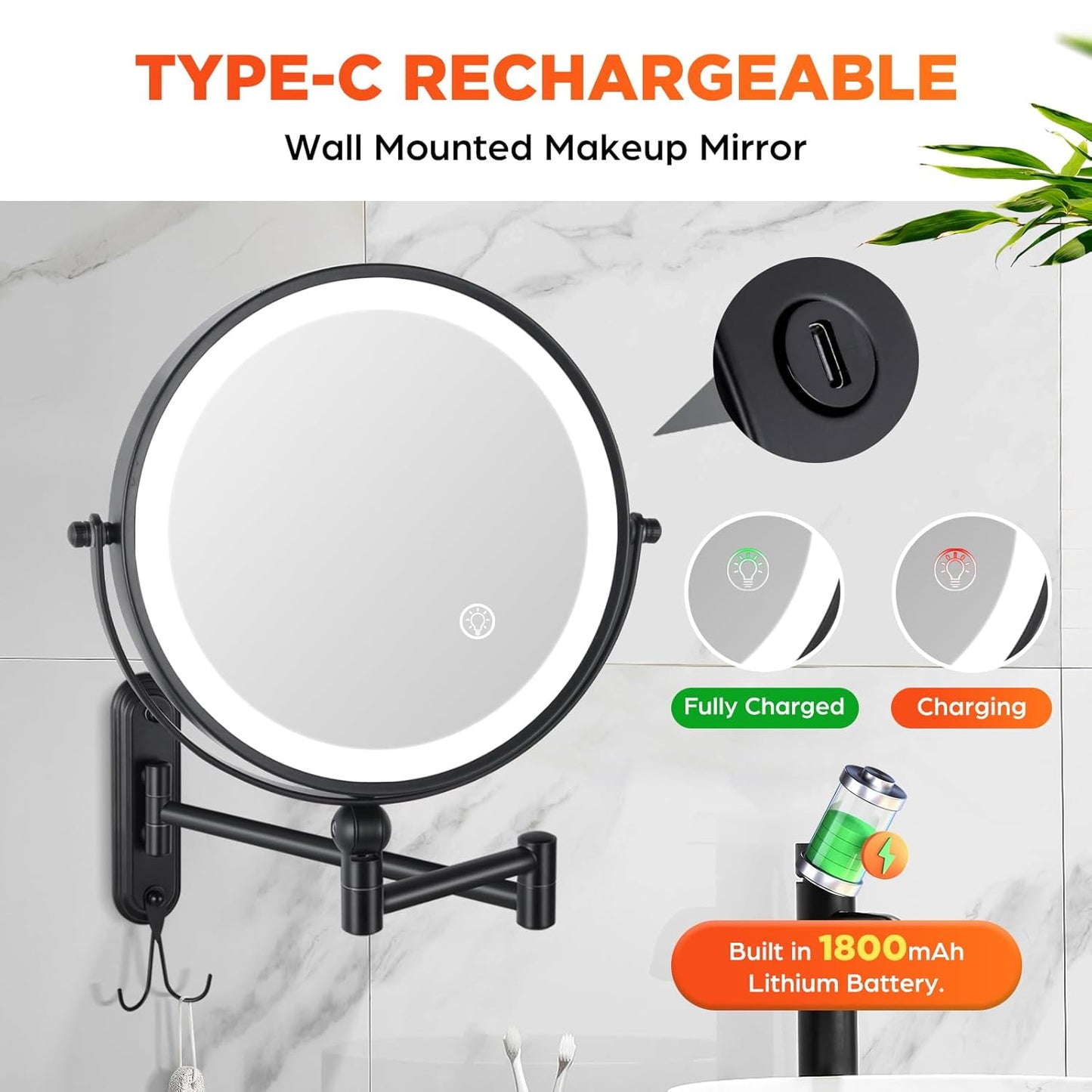Wall Mounted Lighted Makeup Mirror, 8'' Double Sided 1X/10X Magnifying Rechargeable Vanity Mirror with Lights, 3 Color Lights Height Adjustable 360° Rotation Bathroom Mirror with Hook