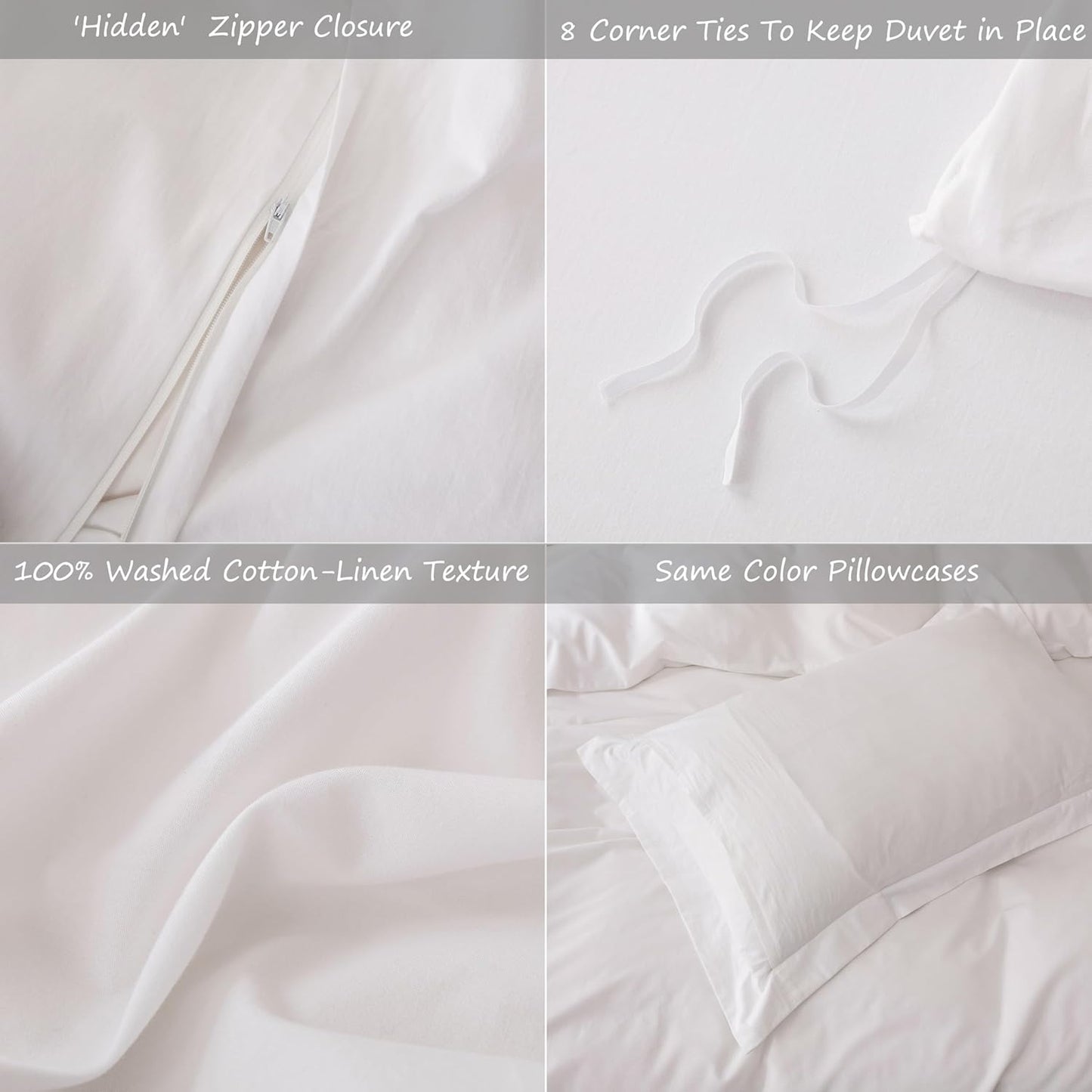 Linen Feel Duvet Cover King Size 104inch x 90inch,100% Washed Cotton Duvet Cover with Zipper Closure and 2 Pillowcases, Color of Bright White