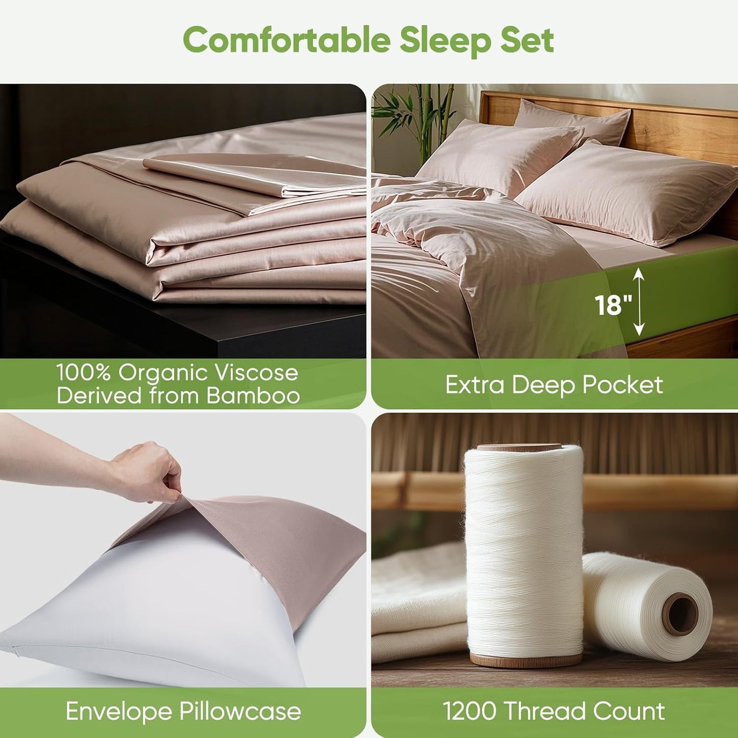 TWK Luxury Sheet Set, Genuine 100% Viscose Derived from Bamboo, Cooling & Breathable, Silky Soft, Bedding Sheets & Pillowcases (Sand, Full)