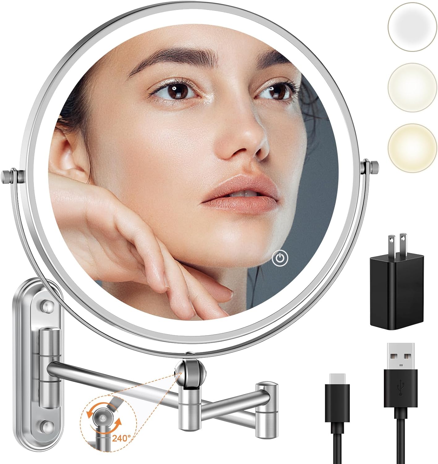 9" Wall Mounted Makeup Lighted Mirror, 4000mAh Rechargeable Double Sided LED Vanity Mirror with Height Adjustable&1X/10X Magnification, 3 Color Lights Touch Screen Dimmable 360°Swivel Bathroom Mirror