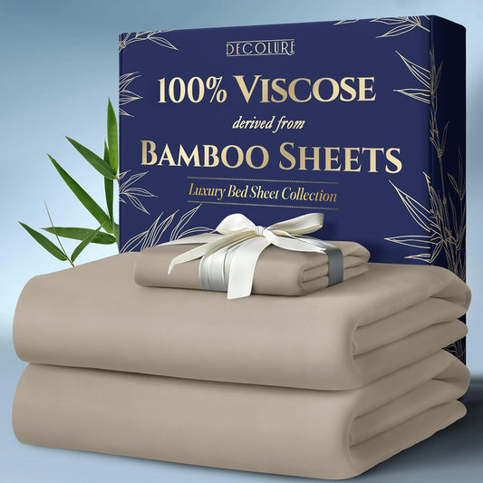 DECOLURE 100% Viscose Derived from Bamboo Sheets Twin Size 3pcs - Ultra Soft & Luxuriously Cooling, 17" Deep Pocket, Double Stitching, Perfect for Hot Sleepers - Twin Bed Sheets (Taupe)