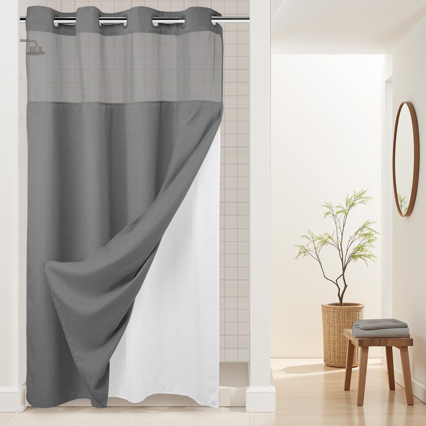 River Dream Heavyweight No Hooks Required Dotted Waffle Weave Shower Curtain with Snap in Liner -Stall 54W x 80H,Hotel Grade,Spa Like Bath Curtain,Gray