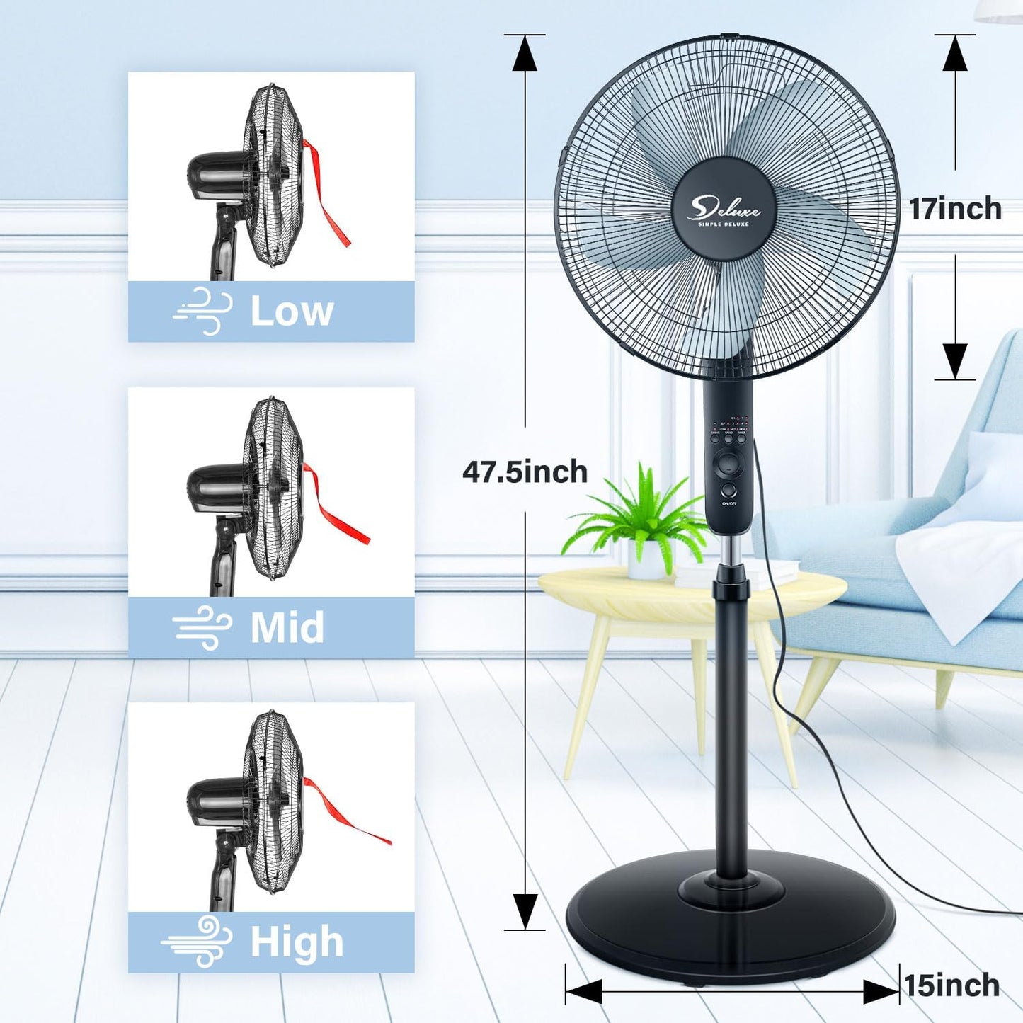 Simple Deluxe Pedestal Stand Fan with Remote Control for Indoor, Bedroom, Living Room, Home Office & College Dorm Use,3 Speed, Black, 16 Inch