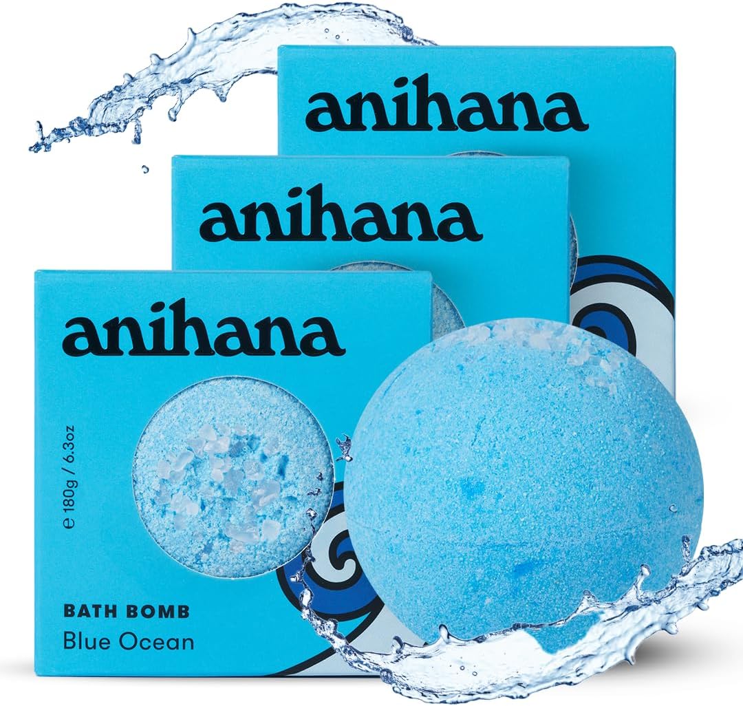 ANIHANA Bath Bombs with Coconut Oil, Paraben Free, Hand-Crafted Luxury Fizzers, Refreshing Blue Ocean Scent, 6.3 oz Each, 3 Pack