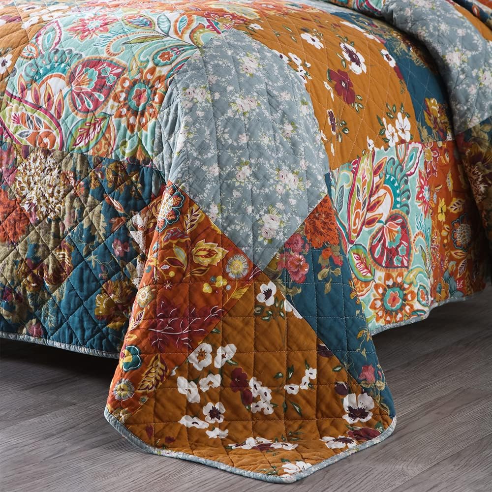 Cotton Bedspread Quilt Bedding Sets 3 Pieces Reversible Coverlet Sets Comforters Luxury Paisley Floral Patchwork Brown Bedspread, Queen Size