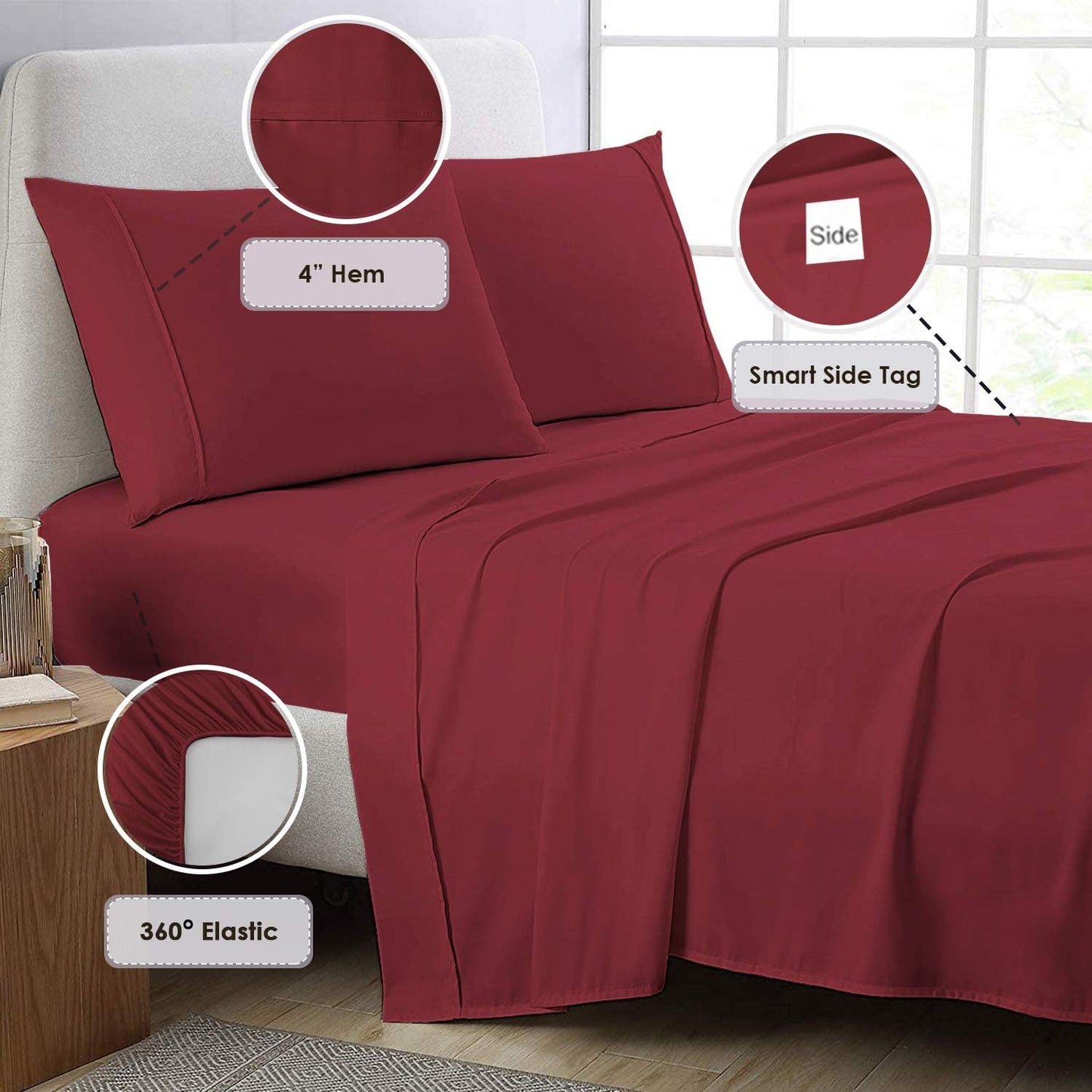 Pizuna Pure 100% Cotton Sheets 6pc Queen Size, 800 Thread Count Long Staple Cotton Crisp Sateen Sheets 6pc Queen with 15" Deep Pocket (Combed Rio Red Cotton Sheets 6pc Queen)
