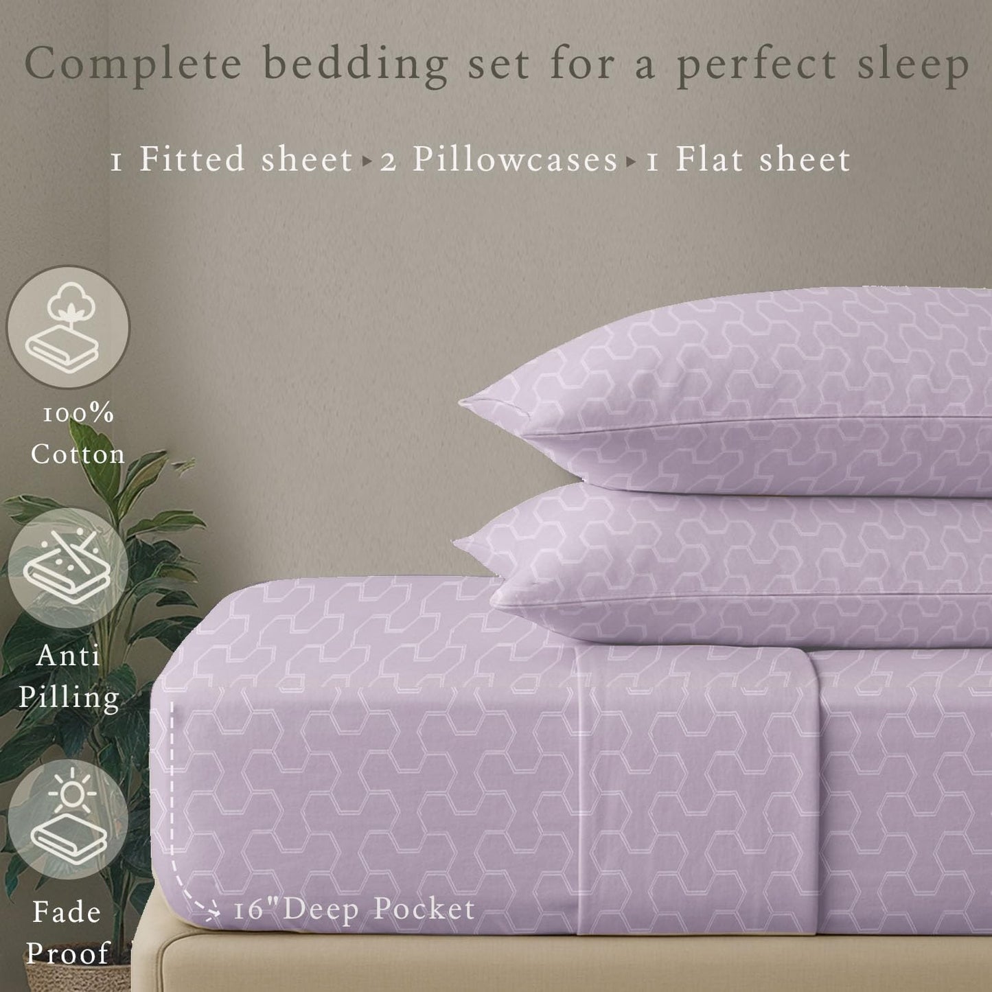 Threadmill Cotton Queen Sheet Set | 500 Thread Count 100% Cotton Sheets for Queen Size Bed | Damask Jacquard Queen Bed Sheets Set with 16” Deep Pocket Fitted | Soft Sateen Cooling Bedding Set | Lilac