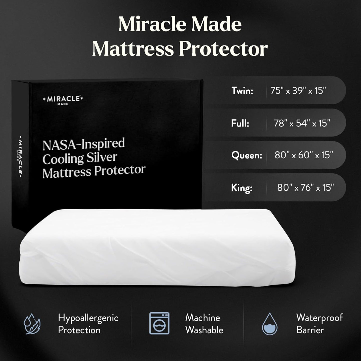 Miracle Made Mattress Protector – Silver-Infused Cotton Fabric – Water-Resistant, Thermoregulating Cover for Sensitive Skin – Compatible with 3-Temperature Zone Comforter, Twin, White