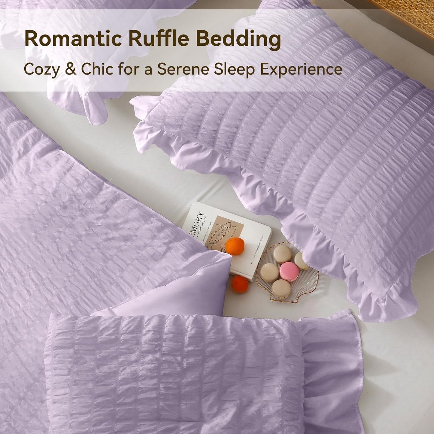 JOLLYVOGUE Lavender Comforter Full Size, 3 Pieces Seersucker Lightweight Full Size Bedding, All Season Fluffy Microfiber Bedding Comforter Set with 1 Ruffle Comforter and 2 Ruffle Pillowshams