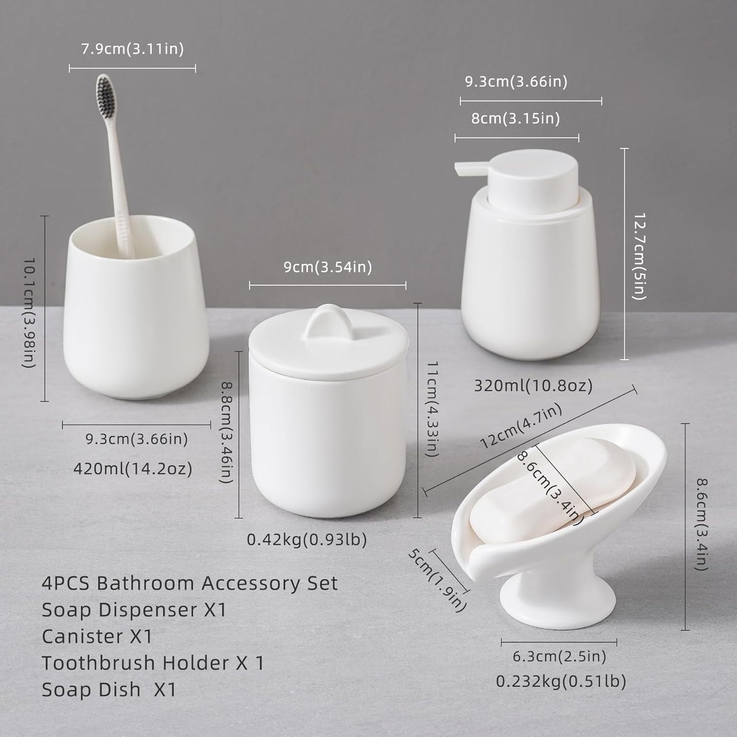 Ceramic Bathroom Accessories Set,Includes Foaming Soap Dispenser, Toothbrush Holder, Soap Dish, Cotton Swab Jar,Bathroom soap and Toothbrush Holder Set,Classic Design(White Set - Foam)