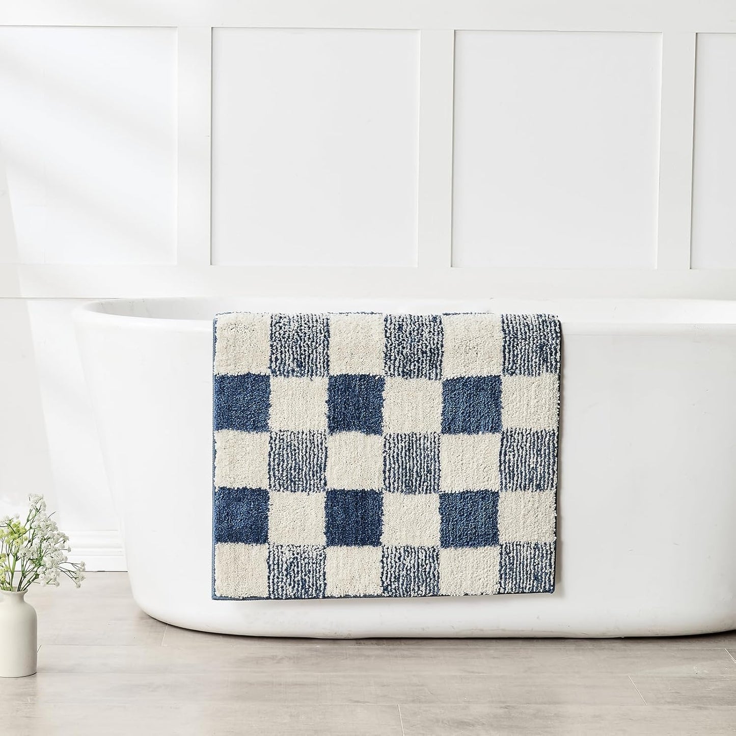 CozeCube Bath mats for Bathroom Non Slip, Fluffy Absorbent Microfiber Bath mat Washable, Aesthetic Bathroom Rugs, Long Navy Blue Checkered Bath mat, Navy Blue, 47" x 24"