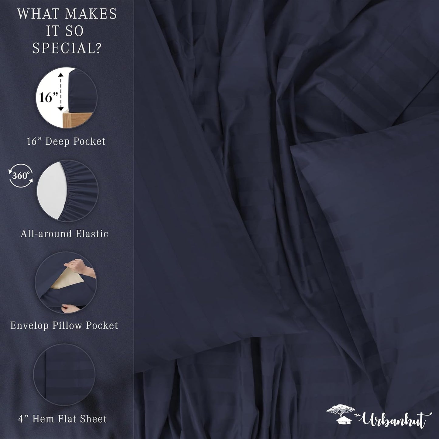 URBANHUT 1000 Thread Count Damask Striped King Sheet Set Egyptian Cotton Sheets, Long Staple Soft & Breathable, 4 Pcs Bed Sheet Sets, Luxury Hotel Sateen Sheets Fits 16" Deep Pocket - Navy Blue
