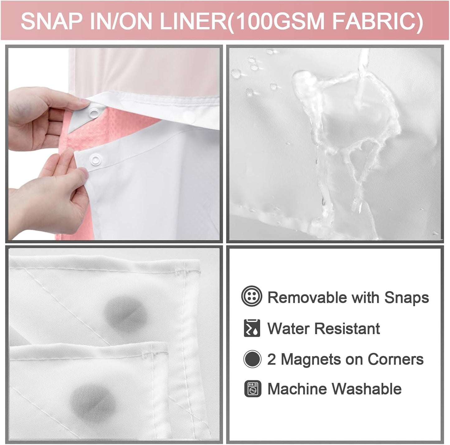 YellyHommy No Hook Shower Curtain with Snap in Liner Set Less Time Pink Waffle Shower Curtain for Bathroom 75" L x 72" W Pink