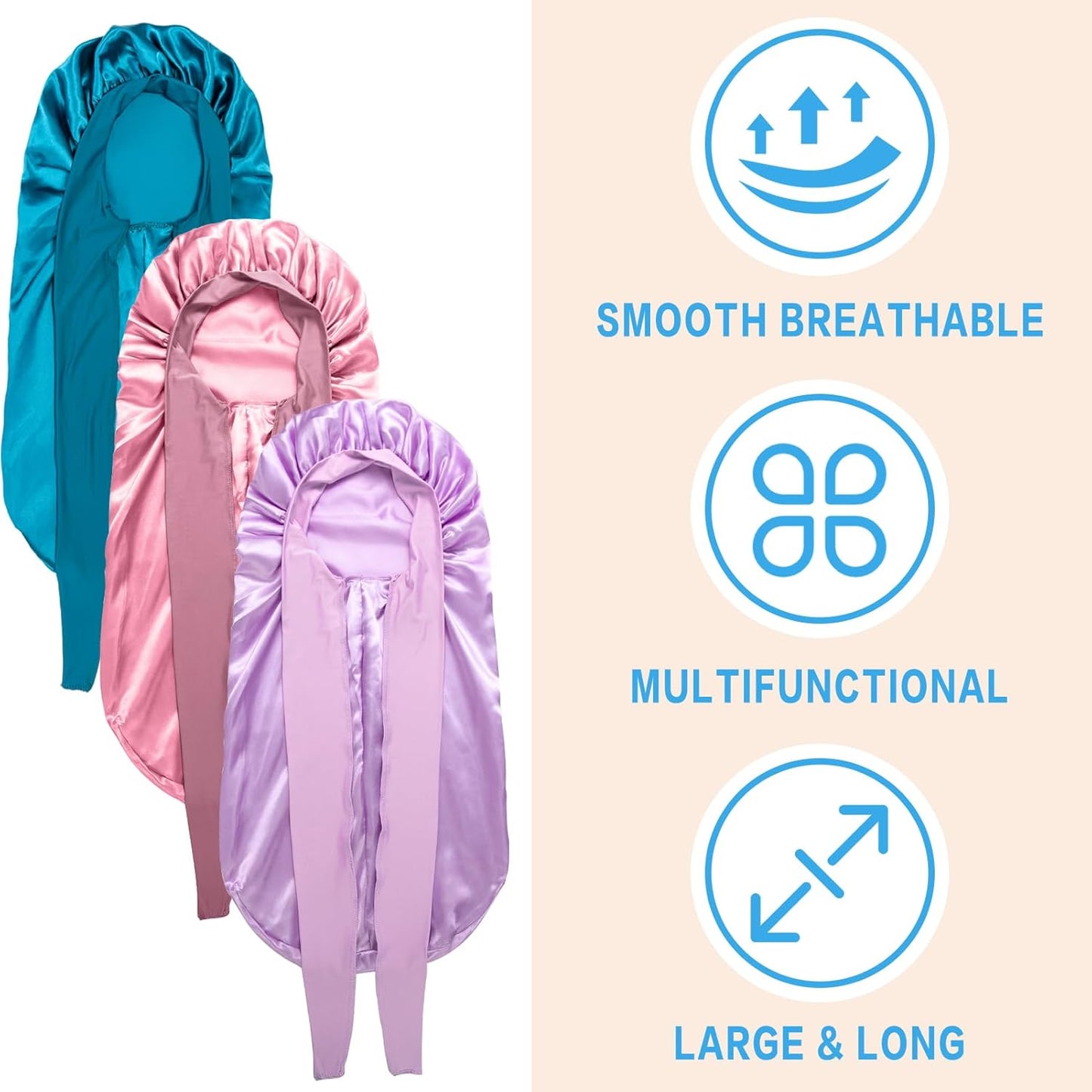 3PCs Bonnets for Black Women - Braid Bonnet, Satin Silk Sleep Bonnet with Stretchy Tie Band for Long Curly Hair (Blue, Rose Pink, Purple)