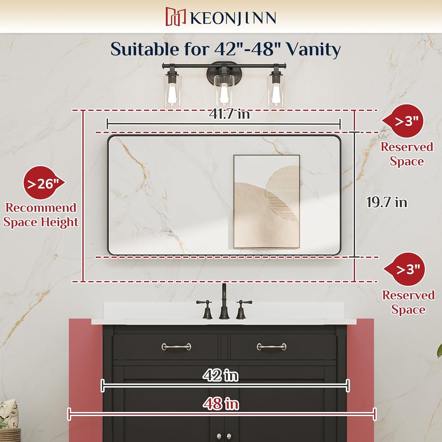 Keonjinn 42 x 20 Inch Brushed Nickel Bathroom Mirrors for Over Sink, Rounded Rectangle Silver Bathroom Vanity Mirror, Metal Framed Farmhouse Mirror for Wall, HD Tempered Glass(Horizontal/Vertical)
