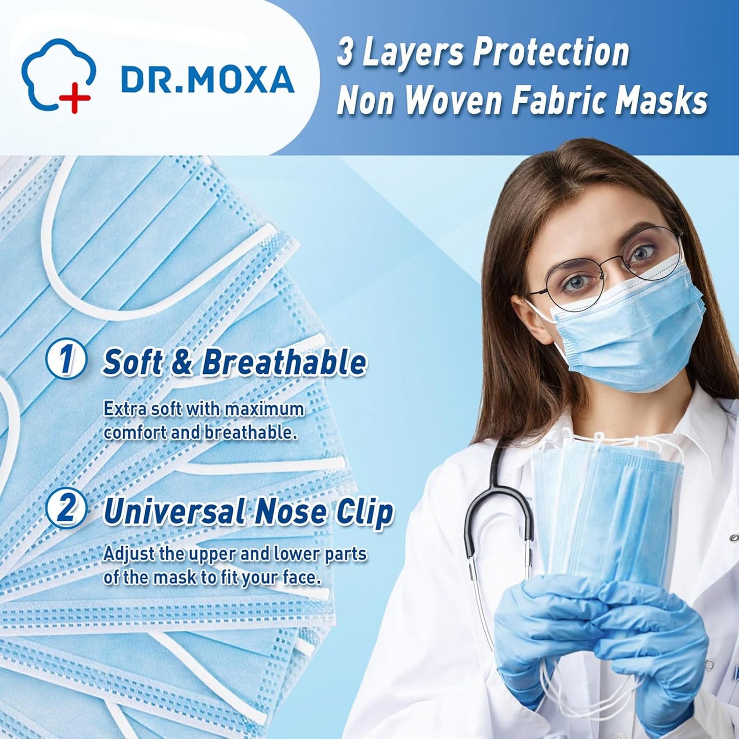 DR.MOXA 1000 Pack Disposable Medical Face Masks Breathable(10 Boxes, 100pcs/Box) 3 Ply Masks for Protection Blue