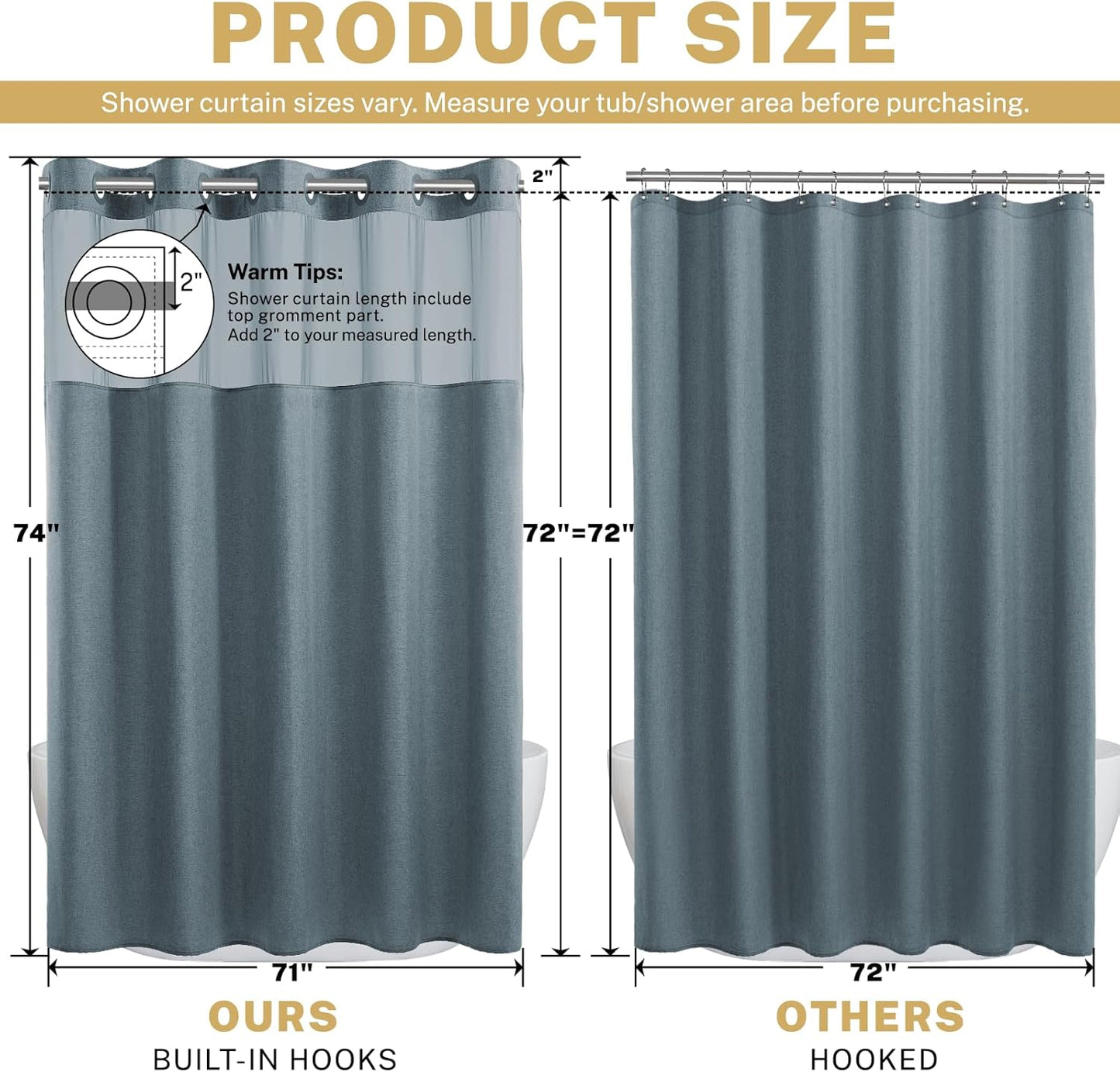 No Hook Dusty Blue Shower Curtain and Liner, Linen-Look Polyester Textured Shower Curtain with Snap in Liner, Waterproof & Washable Bath Curtains for Bathroom, 71Wx74H