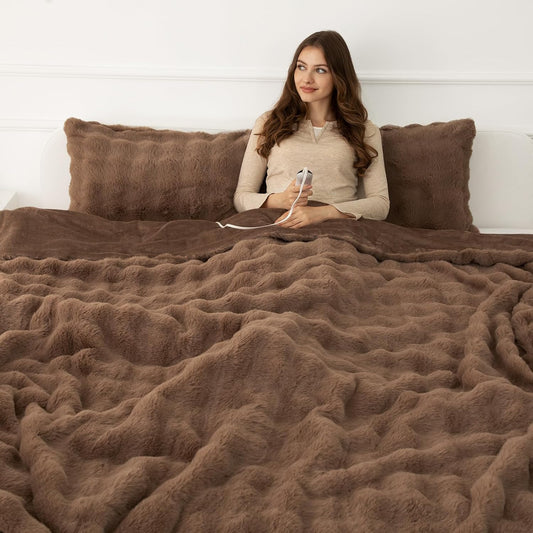 Faux Rabbit Fur Bubble Heated Blanket Twin Camel - Ultra Soft Cozy Luxury Electric Blanket with 6 Heating Levels & 10 Timer Settings, Machine Washable and Decor Gifts for Home (62" x 84")