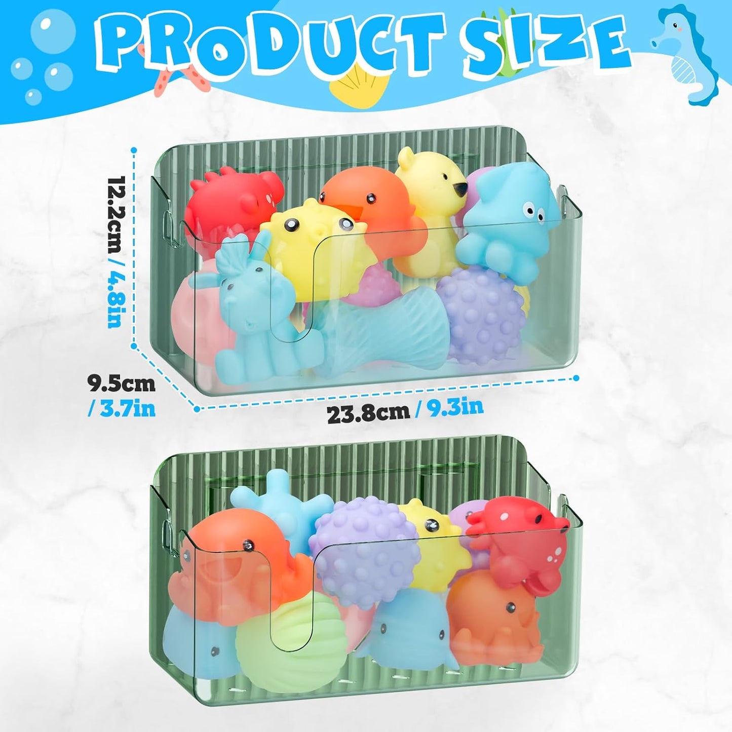 2-Pack Clear Bath Toy Storage Holder Organizer, Large Capacity Durable Plastic Bathtub Shower Caddy with Drain Holes, Quick-Dry Drainable Easy Install (Transparent Green 2-Pack)