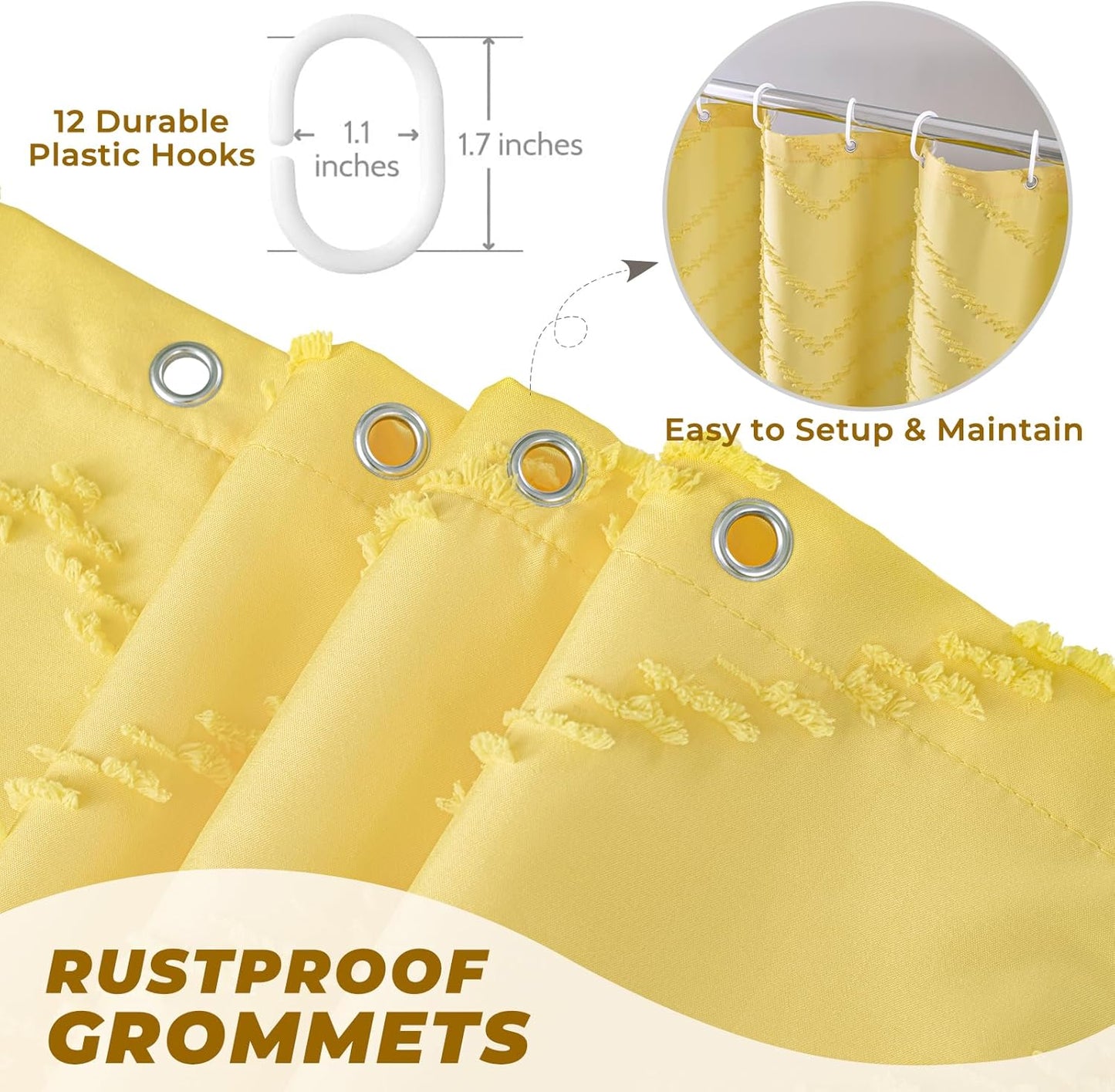 84inches Extra Long Yellow Shower Curtain Boho Farmhouse Shower Curtain 72 x 84 Tufted Chevron Textured Minimalist Shower Curtains for Bathroom