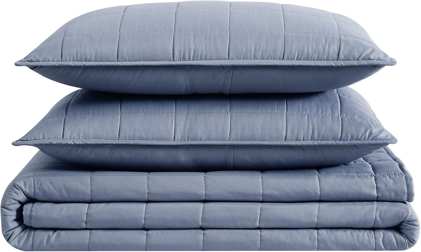 London Fog Garment Washed Solid Quilt Set Blue Microfiber 3-Piece Full/Queen Quilt Set, Solid Themed, Adult and Teen, Oeko-TEX Certified