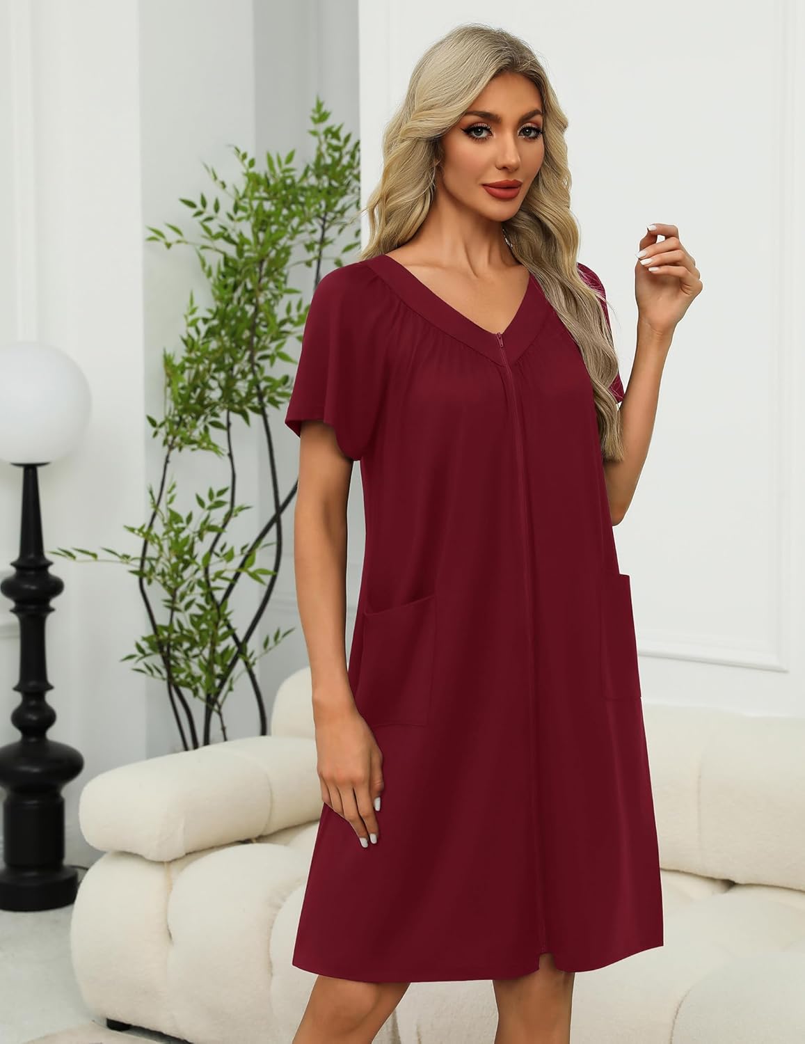 Ekouaer Women Robe Zipper Front Mumu Duster Robes Zip Up Housecoat Soft Sleepwear with Pockets S-3XL