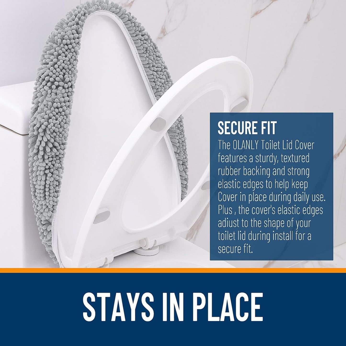 OLANLY Soft Chenille Bathroom Toilet Lid Cover, Machine Washable Seat Covers, 17.5x15, Stays in Place Rubber Backing, Fits Most Round, Elongated and Oblong Lids, Accessories Decor, Light Gray