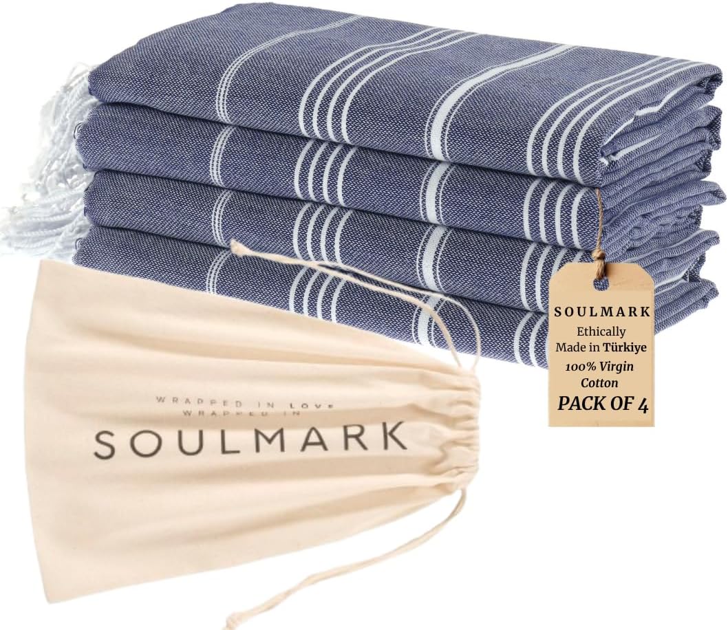 SOULMARK 100% Cotton Turkish Beach Towel with Bag - 38"x71" - 4 Pack - Made in Green & Oeko TEX Certified - Pre-Washed 6 Sand Free - Quick Dry and Lightweight for Travel - Made in Turkey - Navy Blue