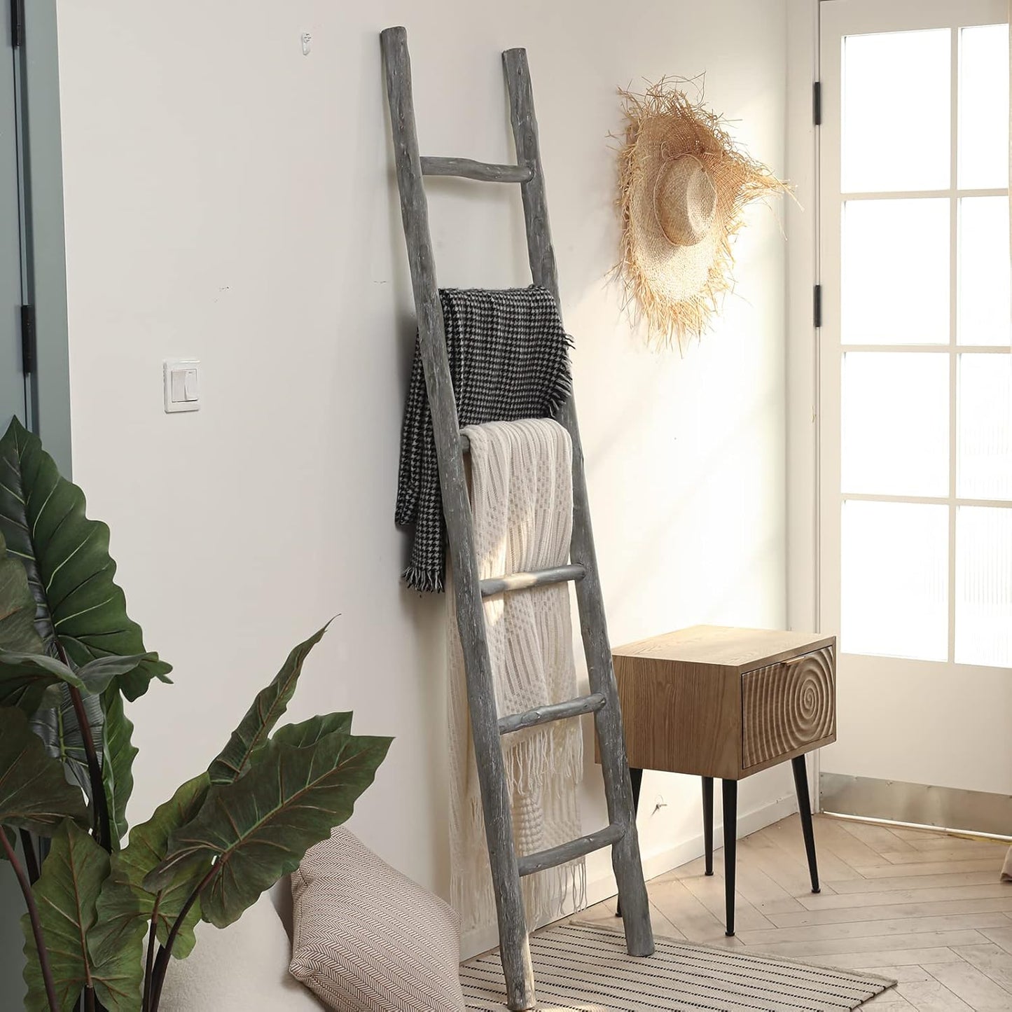 FUIN Fully Assembled 6ft Wood Blanket Ladder Living Room Decorative Wall Leaning Farmhouse Quilt Display Holder Rustic Wooden Towel Rack for Bathroom, Light Gray & Whitewashed