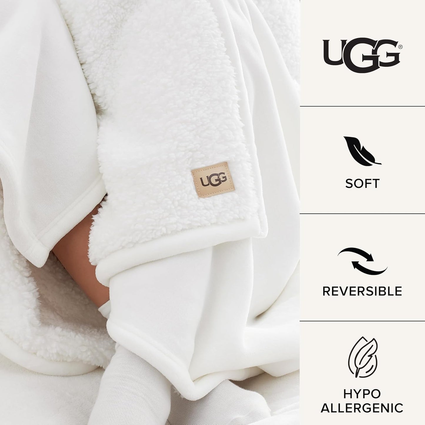 UGG Ariana Full/Queen Blanket Fleece Fluffy Reversible Soft Fuzzy Bedding Cozy Plush Warm Oversized Blanket Machine Washable Bedroom Decor for Big Couch or Bed, 90-inch x 90-inch, White Snow