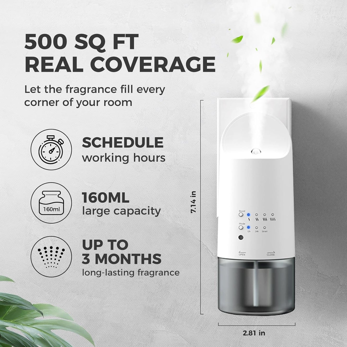 Plug-in Waterless Essential Oil Diffuser - 500 Sq.ft Coverage,Range Nano Mist Technology -160ML, Auto Day/Night Modes,Plug in Diffuser for Large Room, Spa, Office, Kid/Pet Safe - White