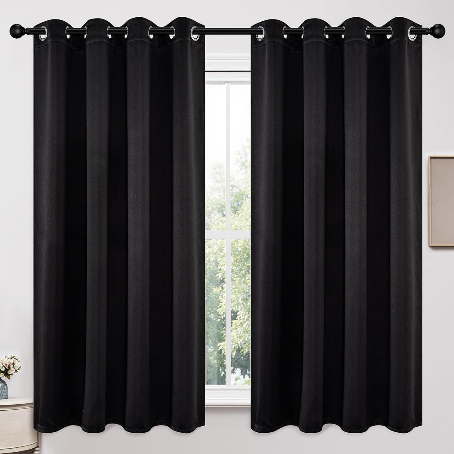 Joydeco Blackout Curtains 63 Inch Length 2 Panels Set, Thermal Insulated Long Curtains& Drapes 2 Burg, Room Darkening Grommet Drapes for Living Room Bedroom Window (W52 x L63 Inch, Black)