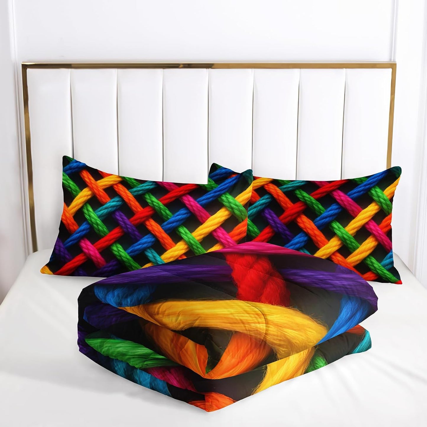 Colorful Checkered Geometric Pattern Comforter Set Queen Size，Waffle Weave Bedding Set Queen，with 1 Comforter with 2 Pillow Case，Checkered Print Bedroom Decor