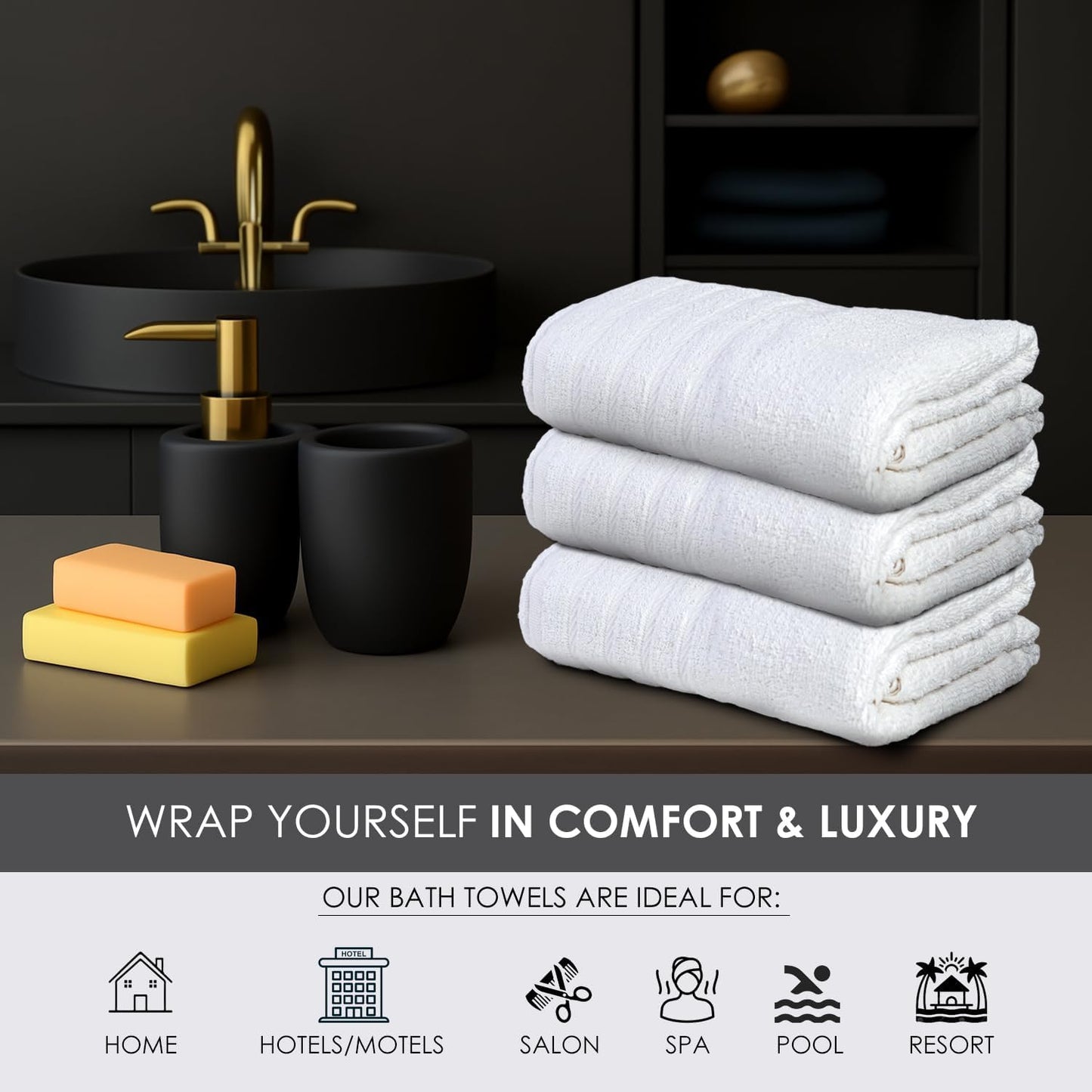 TOALLA_ Bath Towels_30x60_Pk 6_White Bath Towels (6-Pack, 30W X 60 L Inches) White Color- Cotton Towel for Gym, Bath, Spa, Shaving, Shampoo, for Daily use, Large