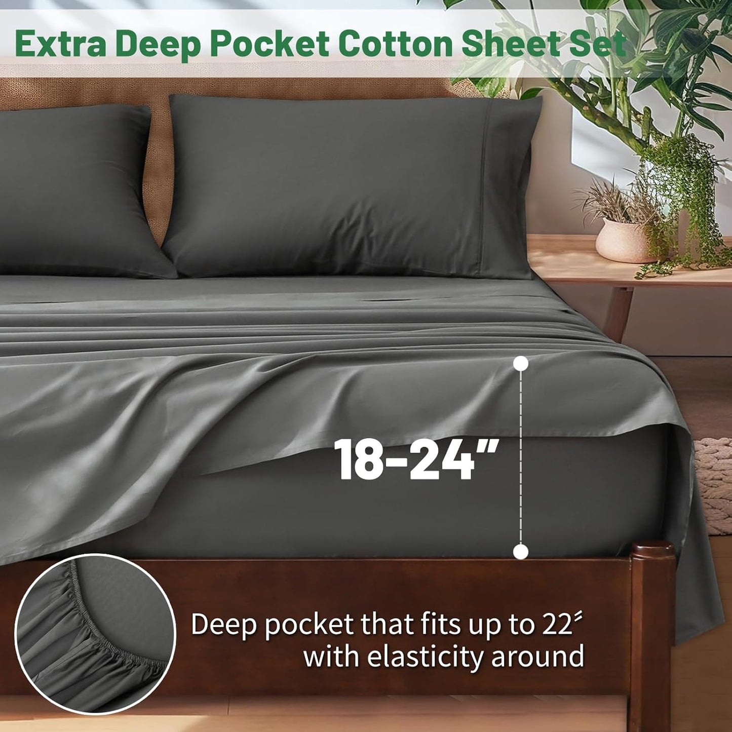 Extra Deep Pocket Queen Sheets 18-24 Inch 1000 Thread Count 100% Egyptian Cotton Sateen Weave Soft Breathable 4 Pieces（Queen,Dark Grey）