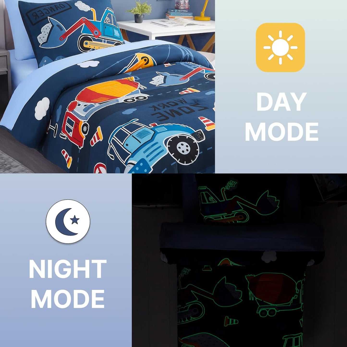 Twin Comforter Set for Boys-5 Pieces Truck Tractor Excavator Glow in The Dark Twin Bedding Sets for Kids, Ultra Soft Bed in A Bag with Sheets
