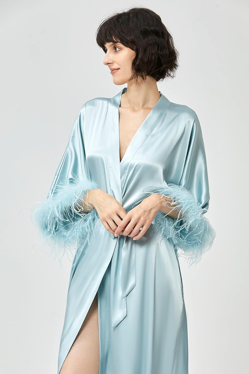 PRODESIGN Satin Kimono Robe Long Silky Bathrobe with Ostrich Feather Trim Sleepwear Wedding Bridesmaid Dressing Gown