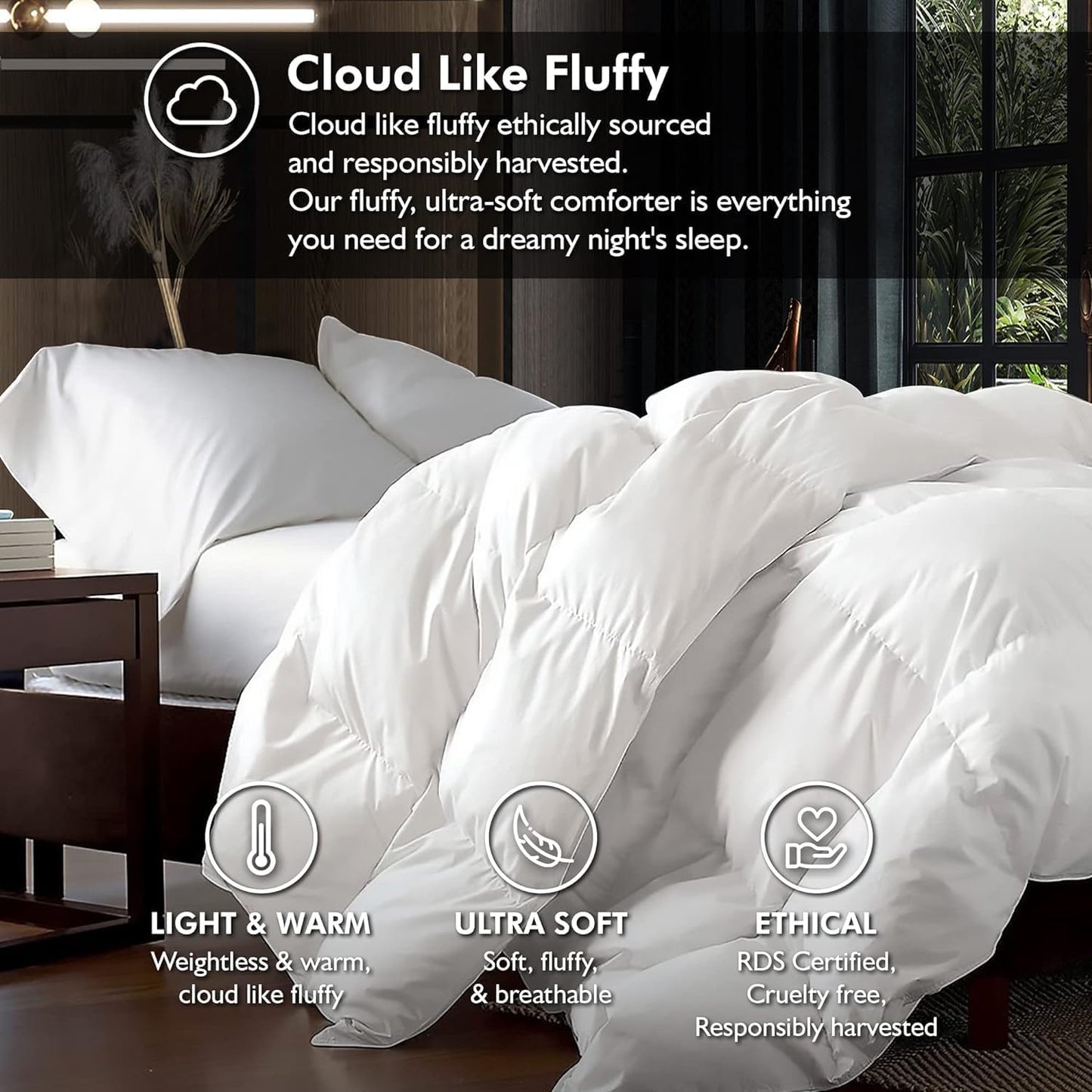 Luxurious Oversized Queen 98" x 98" Size Goose Down Fiber Waterfowl Feather Fiber Comforter Duvet, 100% Egyptian Cotton Cover, 56 oz. Fill Weight, Baffle Box Design, White Solid