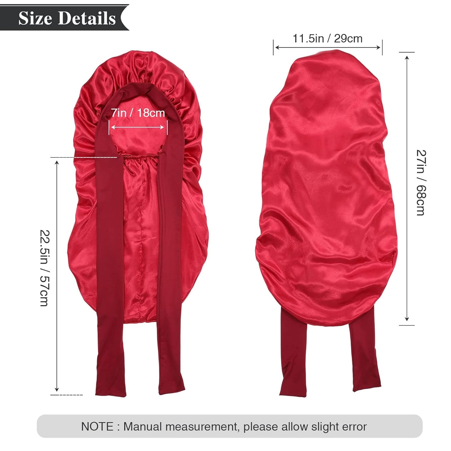 AWAYTR Long Satin Bonnet for Women - Double Layer Elastic Silk Bonnet for Braids Hair Sleeping Cap with Tie Band (Wine Red)