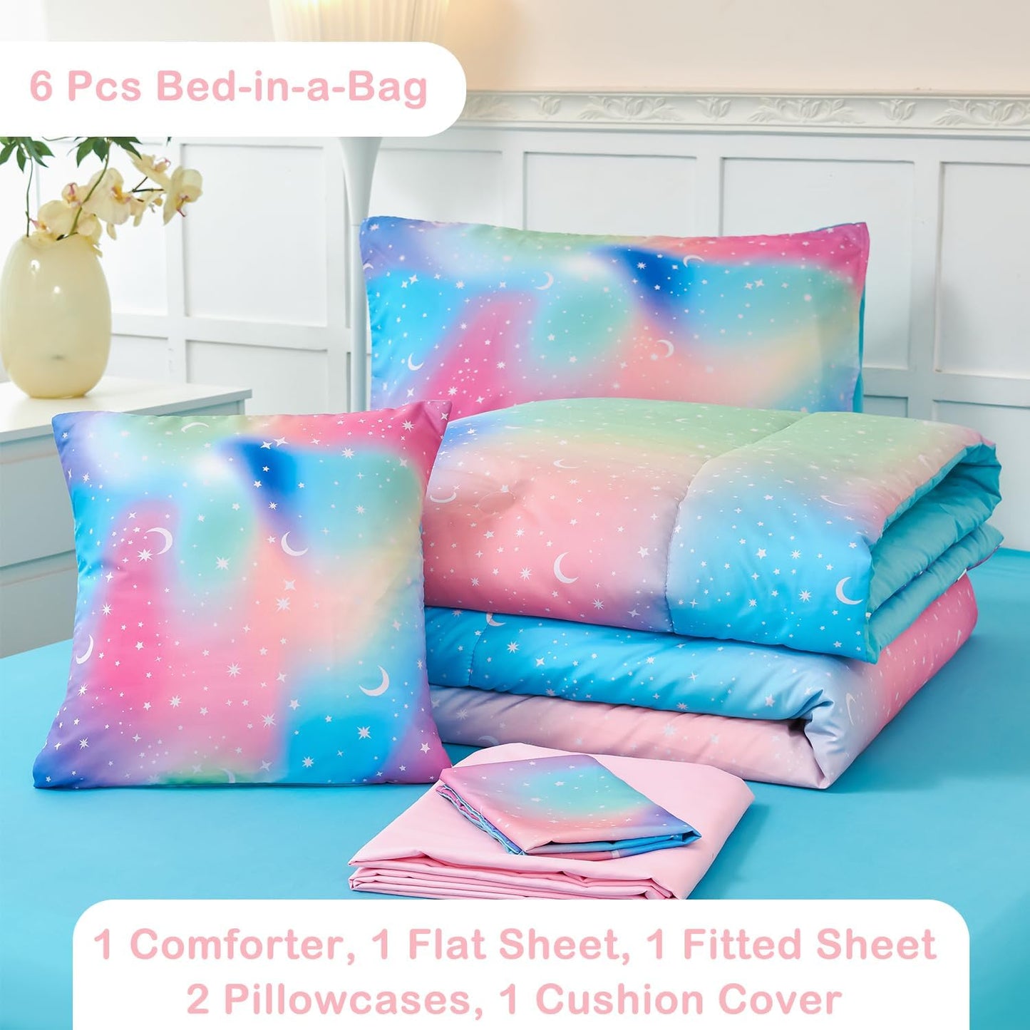 URBONUR Rainbow Comforter Set Queen for Girls 6 Pieces Bed in A Bag for Teen Girl Women Soft Microfiber Tie Dye Kids Bedding Set