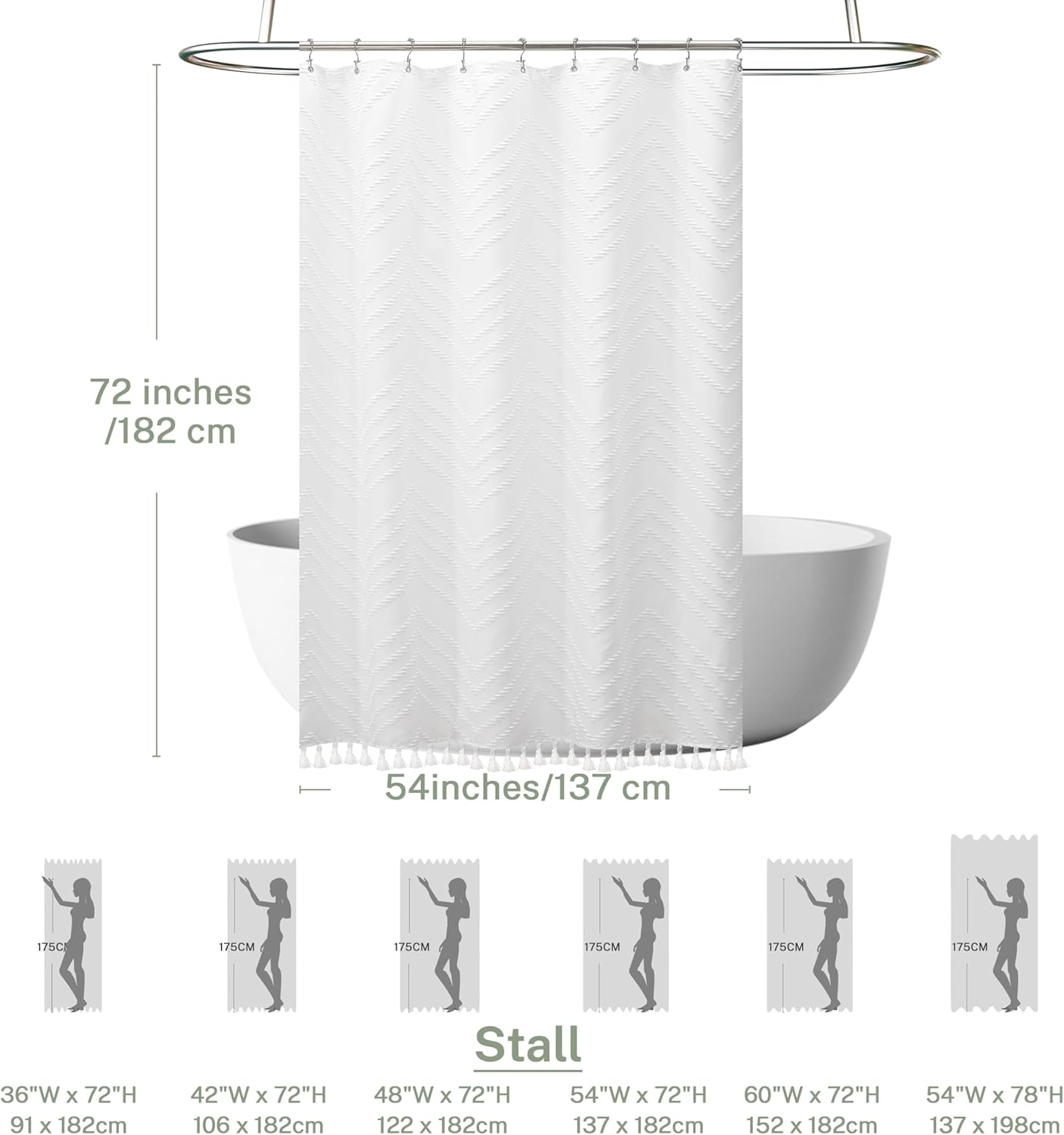 Stall Boho Shower Curtain White Tassel Woven Fabric Shower Curtain 54 x 72 Modern Farmhouse Textured Tufted Chevron Striped Minimalist for Bathroom, Closet Door
