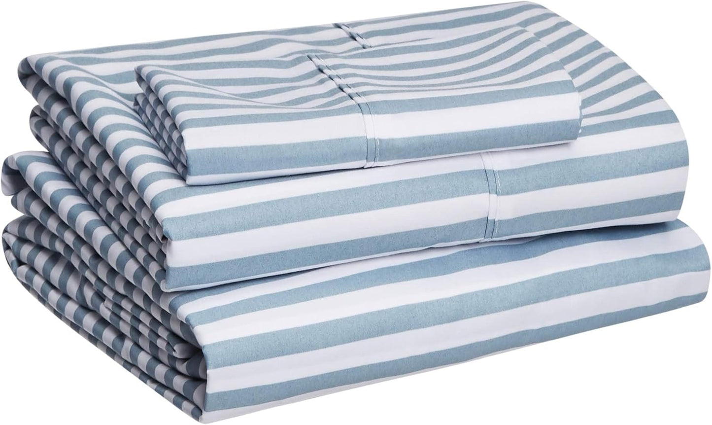 Amazon Basics Lightweight Super Soft Easy Care Microfiber 3 Piece Bed Sheet Set With 14-inch Deep Pockets - Twin, Dusty Blue Pinstripe,Printed