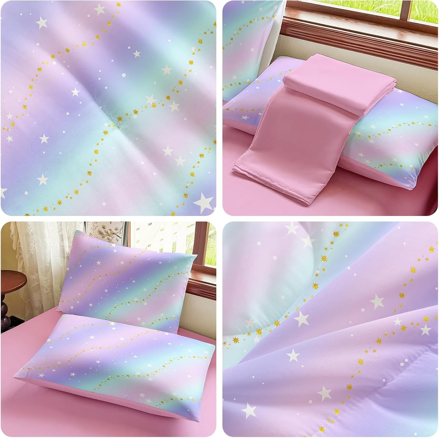 Rainbow Bedding Set Twin Size – 5 Piece Reversible Girls Comforter with Deep-Pocket Sheet, Gradient Galaxy Design, Whole-Piece Filling, Machine Washable Bed-in-a-Bag for Kids Room Makeover & Gifts