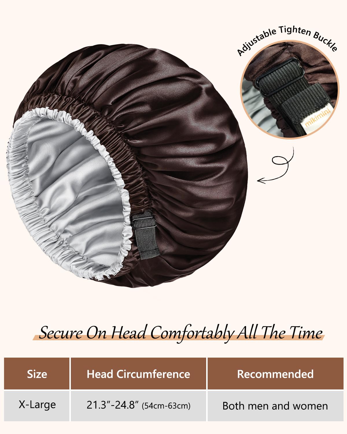 mikimini Satin Bonnet for Men and Women, Reversible Double Layer Sleeping Bonnet for Hair Braids with Anti-slip Adjustable Elastic Band Super Soft (XL, Black/silver)