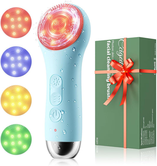 Facial Cleansing Brush Electric Face Scrubber - Rechargeable Face Cleansing Brush with 4 LED Gentle Light Silicone Heat and Vibration Exfoliator Massage Deep Cleansing,IPX7 Waterproof,Ideal Gift﻿